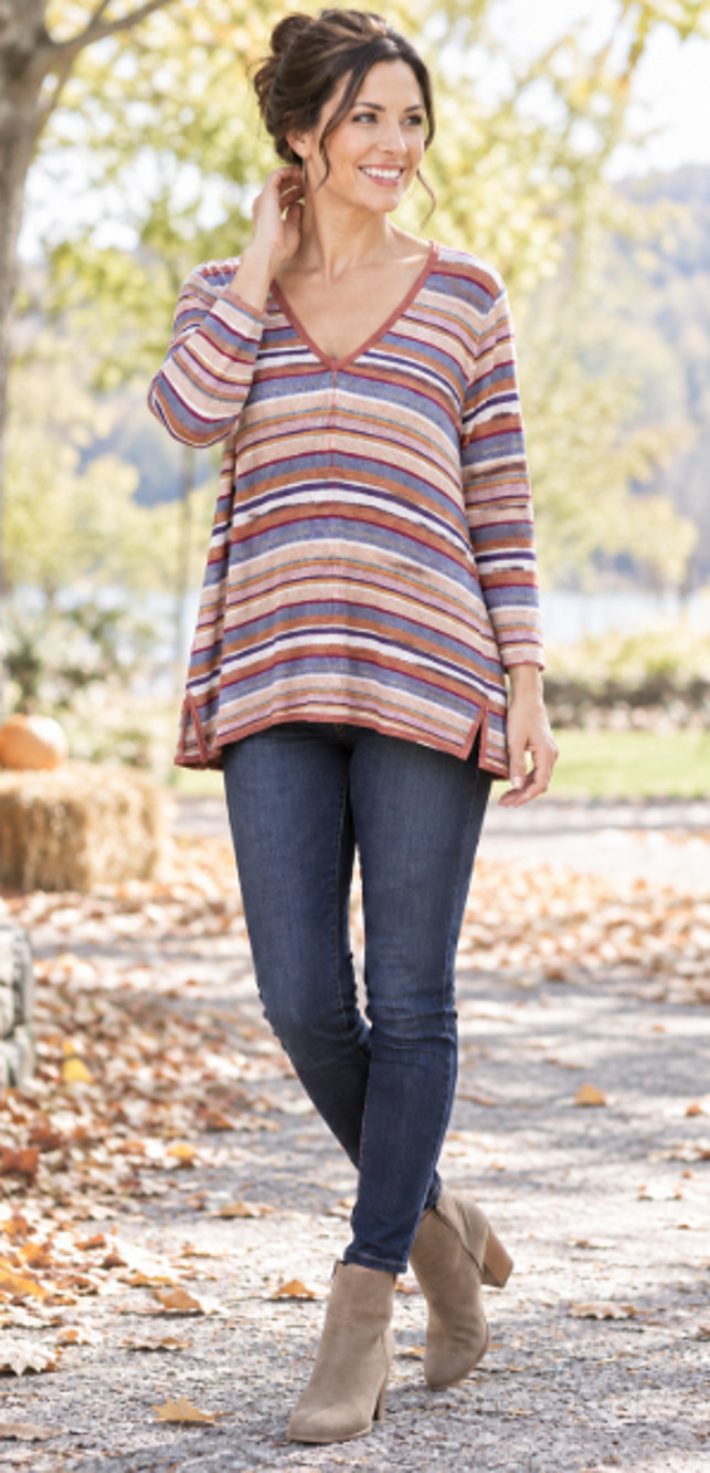Chico's 2 Multi Color Striped Sweater Top large Linen blend Orange fall festival